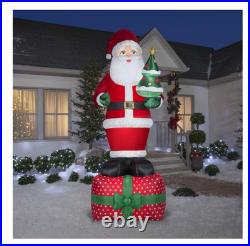 10′ Christmas Inflatable Light Mixed Media Plush Santa Claus Standing On Present