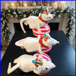 11 Christmas Circus Mouse On Striped Ball Tabletop Ornament Decoration (3pcs)