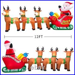 12FT Christmas Inflatables Santa Claus on Sleigh with Reindeer Deer Gift
