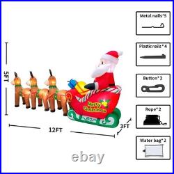 12FT Christmas Inflatables Santa Claus on Sleigh with Reindeer Deer Merry Chr