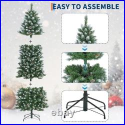 12FT Christmas Tree Artificial Snow Pre-lit LED Lights withMetal Stand Pine Cones