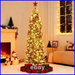 12FT Christmas Tree Artificial Snow Pre-lit LED Lights withMetal Stand Pine Cones