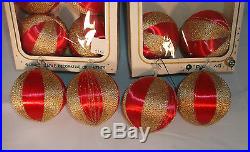 12 Vtg PYRAMID Red Satin Sheen & Gold Thread BALL CHRISTMAS ORNAMENTS Lot