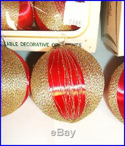 12 Vtg PYRAMID Red Satin Sheen & Gold Thread BALL CHRISTMAS ORNAMENTS Lot