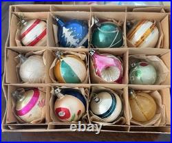 12 lot Christmas Ornaments Poland, Shiny Brite, indent, stripe, beach ball, pink