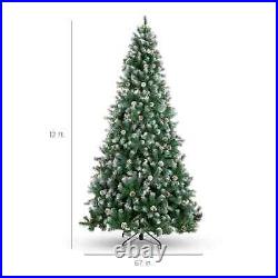 12ft Holiday Christmas Pine Tree, Flocked, with Pine Cones and Holly Berries
