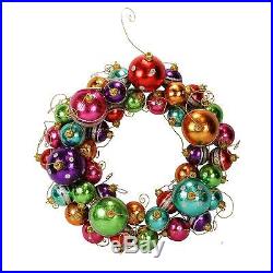 16 Multi-Color Striped and Polka Dotted Christmas Ball Ornament Wreath Unlit