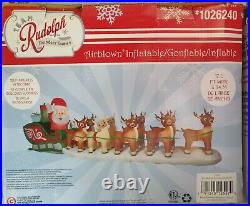 17.5′ Wide Christmas Santa Sleigh Rudolph Nose Reindeer Airblown Inflatable Led