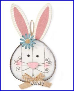 17 Distress Whitewash Bunny with Flower Wood & Galvanized Metal Sign Wall / Door