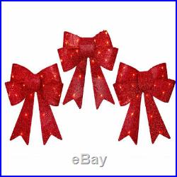18 OUTDOOR LIGHTED PRE LIT RED TINSEL CHRISTMAS BOW Set of 3 Holiday Decoration