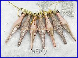 18 X Rose Gold Glitter Icicle Christmas Tree Baubles Xmas Decorations