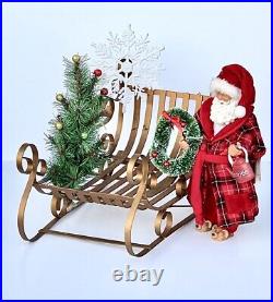 1950′s Hand Crafted Vintage Christmas Large Gold Metal Sleigh Including Santa