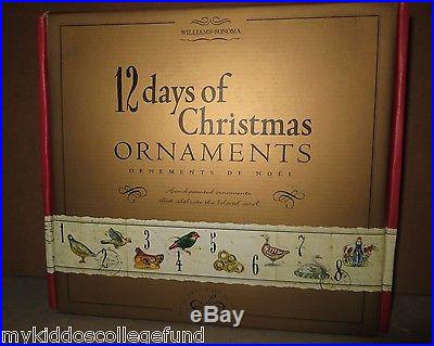 2012 NIB Williams Sonoma 12 Days of Christmas glass ornament set
