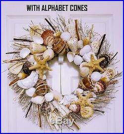21 Seashell Wreath on Birch Twig withAlphabet Cones, Crown Shells, & Star Fish