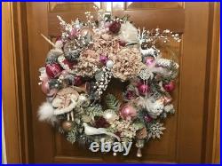 23′ Pink Silver And White Hand Made Christmas Wreath Door Hanger Shabby Chic Vtg
