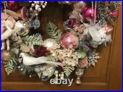 23' Pink Silver And White Hand Made Christmas Wreath Door Hanger Shabby Chic Vtg