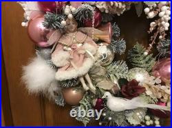 23' Pink Silver And White Hand Made Christmas Wreath Door Hanger Shabby Chic Vtg