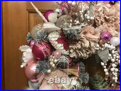 23' Pink Silver And White Hand Made Christmas Wreath Door Hanger Shabby Chic Vtg