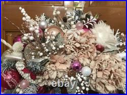 23' Pink Silver And White Hand Made Christmas Wreath Door Hanger Shabby Chic Vtg