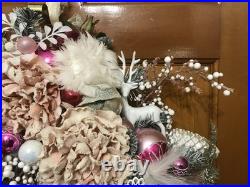 23' Pink Silver And White Hand Made Christmas Wreath Door Hanger Shabby Chic Vtg