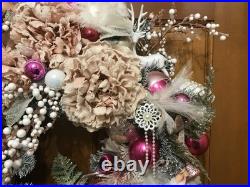 23' Pink Silver And White Hand Made Christmas Wreath Door Hanger Shabby Chic Vtg