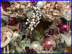 23' Pink Silver And White Hand Made Christmas Wreath Door Hanger Shabby Chic Vtg