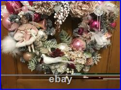 23' Pink Silver And White Hand Made Christmas Wreath Door Hanger Shabby Chic Vtg