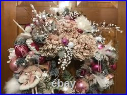 23' Pink Silver And White Hand Made Christmas Wreath Door Hanger Shabby Chic Vtg