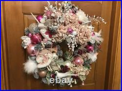 23' Pink Silver And White Hand Made Christmas Wreath Door Hanger Shabby Chic Vtg