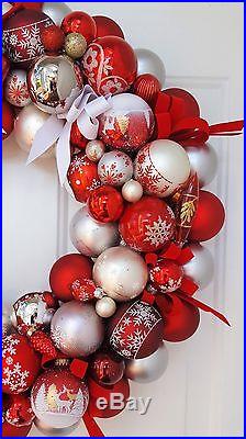 24 Glass Ornament Valentine Holiday Christmas Wreath Red White Hearts Snowflake