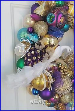 24 Glass Peacock Christmas Ornament Wreath Vintage & Modern Mix Hand Crafted