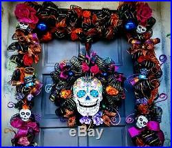 24 Halloween Wreath & 9′ Ft Garland Deco Mesh Day of the Dead Door Decor