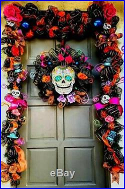 24 Halloween Wreath & 9' Ft Garland Deco Mesh Day of the Dead Door Decor