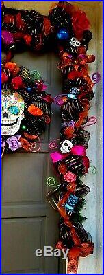 24 Halloween Wreath & 9' Ft Garland Deco Mesh Day of the Dead Door Decor