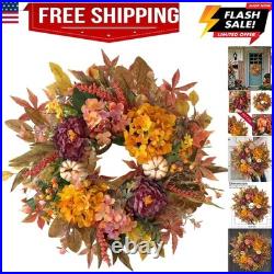 24 Inch Fall Wreaths for Front Door with Hydrangea, Peony and White Pumpkins-F