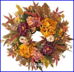 24 Inch Fall Wreaths for Front Door with Hydrangea, Peony and White Pumpkins-F