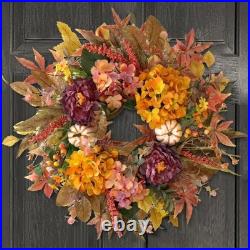 24 Inch Fall Wreaths for Front Door with Hydrangea, Peony and White Pumpkins-F