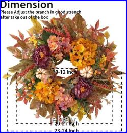 24 Inch Fall Wreaths for Front Door with Hydrangea, Peony and White Pumpkins-F