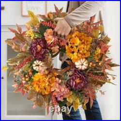 24 Inch Fall Wreaths for Front Door with Hydrangea, Peony and White Pumpkins-F