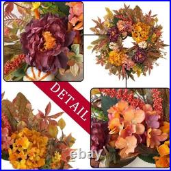 24 Inch Fall Wreaths for Front Door with Hydrangea, Peony and White Pumpkins-F