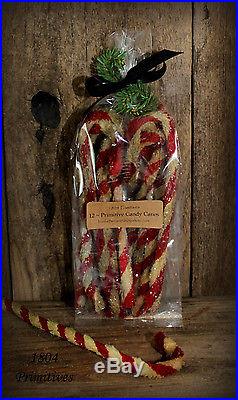24 Primitive Chenille Candy Canes Aged Look Sparkle