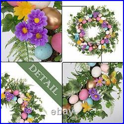 24 inch Easter Wreath for Front Door, Adorable Wreath with Colorful Eggs