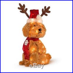 27 in. FLUFFY GOLDENDOODLE DOG Tinsel Pre-Lit Christmas Reindeer Santa Hat