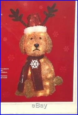 27 in. FLUFFY GOLDENDOODLE DOG Tinsel Pre-Lit Christmas Reindeer Santa Hat