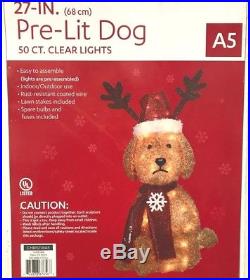 27 in. FLUFFY GOLDENDOODLE DOG Tinsel Pre-Lit Christmas Reindeer Santa Hat
