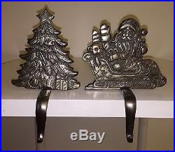 2 Cast Iron Holiday Stocking Mantel Holders Heavy Christmas Tree/Santas Sleigh