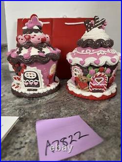 2 Heart Teddy Bear Love Rose Lighted GINGERBREAD CUPCAKE HOUSE Valerie Parr Hill
