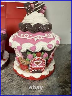 2 Heart Teddy Bear Love Rose Lighted GINGERBREAD CUPCAKE HOUSE Valerie Parr Hill