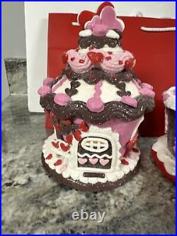 2 Heart Teddy Bear Love Rose Lighted GINGERBREAD CUPCAKE HOUSE Valerie Parr Hill