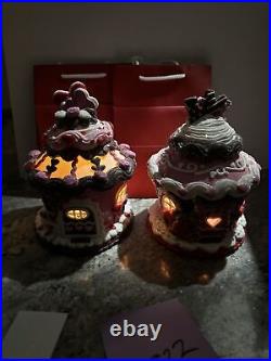 2 Heart Teddy Bear Love Rose Lighted GINGERBREAD CUPCAKE HOUSE Valerie Parr Hill